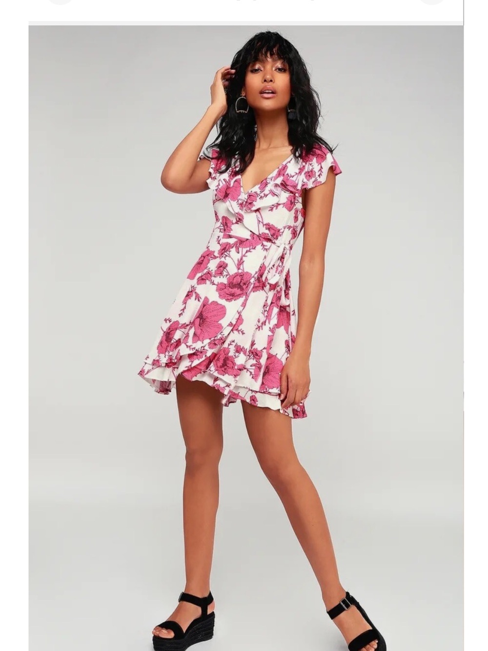 Free People French Quarter Floral Ruffle Wrap Mini Dress in Pink and White